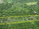 Aerial view of a plot of land surrounded by greenery