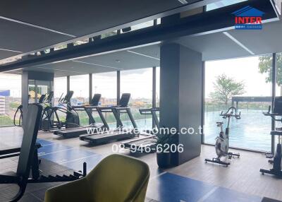 Modern gym with cardio equipment and view of a swimming pool