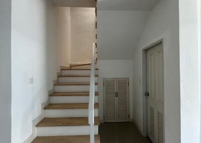Staircase leading to upper floor with storage closet