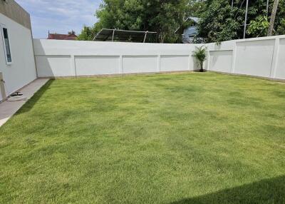 Well-maintained backyard with green grass