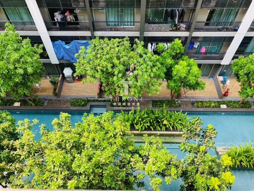 View of apartment building with swimming pool and greenery