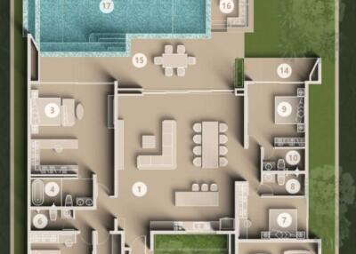 floor plan with pool and multiple rooms