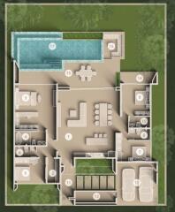 Aerial view of a building floor plan with various rooms and amenities