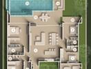 Aerial view of a building floor plan with various rooms and amenities