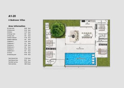 Floor plan of a 4-bedroom villa including area information and layout of rooms and outdoor space