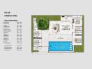 Floor plan of a 4-bedroom villa including area information and layout of rooms and outdoor space