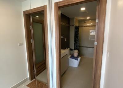 Bathroom with adjacent hallway and mirrored wardrobe