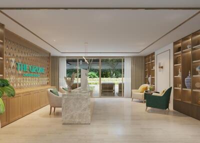 Modern lobby with decorative lighting and green accents