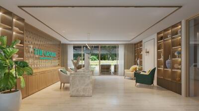 Modern lobby with decorative lighting and green accents