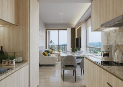 Modern kitchen and living area with natural light