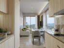 Modern kitchen and living area with natural light