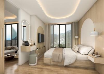 Modern and minimalistic bedroom with large window