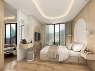 Modern and minimalistic bedroom with large window