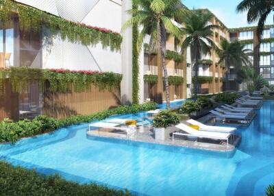 Apartment building with pool and lounging area