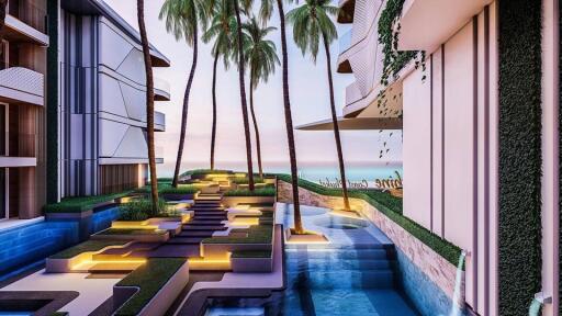 Modern residential building with palm trees, water features, and artistic landscape design