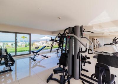 Residential gym with modern exercise equipment and large windows with a view