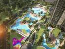 Aerial view of a luxurious outdoor pool area with multiple pools, palm trees, and a large building