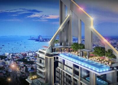 Luxury high-rise building with panoramic view and rooftop pool