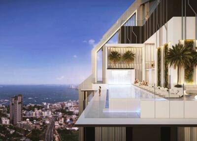 Luxury high-rise building with an infinity pool overlooking the city and ocean.