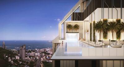 Luxury high-rise building with an infinity pool overlooking the city and ocean.