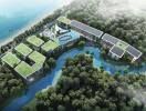 Aerial view of a modern luxury residential complex surrounded by forests and water bodies