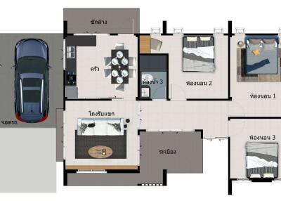 Detached single-story 3-bedroom 3-bathroom Nordic-style minimalistic house.