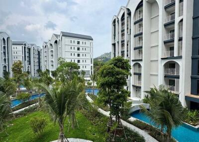 Modern apartment building with water features