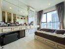 Modern bedroom with large window, bed, and vanity desk