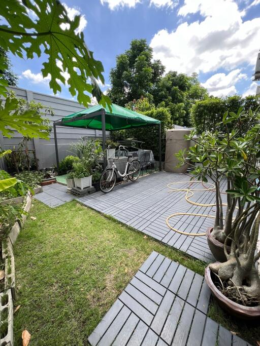 Outdoor garden with a seating area and bicycle