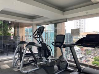 Modern gym with exercise equipment and city view