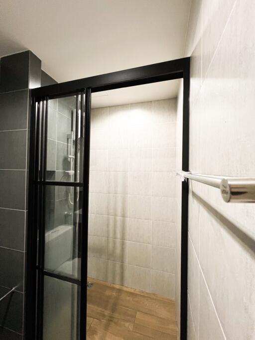 Modern bathroom with sliding glass door