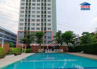 High-rise apartment building with swimming pool