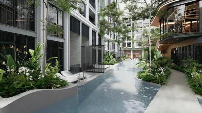 Modern apartment building courtyard with pool