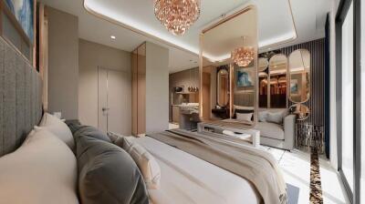 Spacious modern bedroom with luxurious decor and attached living area