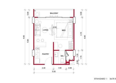 Floor plan of an apartment with living area, bedroom, pantry, WC, and balcony