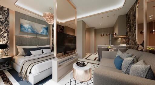 Modern bedroom with attached living area