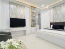Modern Bedroom with Built-in Shelving and TV