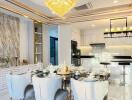 Modern kitchen and dining area with chandelier