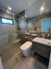 Modern bathroom with glass shower and large mirror