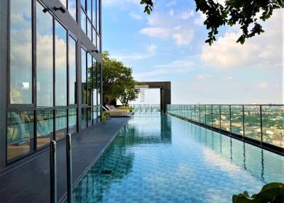 Rooftop infinity pool with glass railing overlooking cityscape