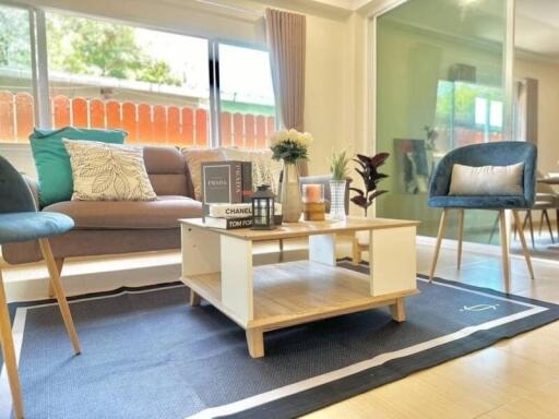 Modern living room with coffee table and seating area