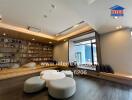 Modern living room with built-in wooden shelves and a large window