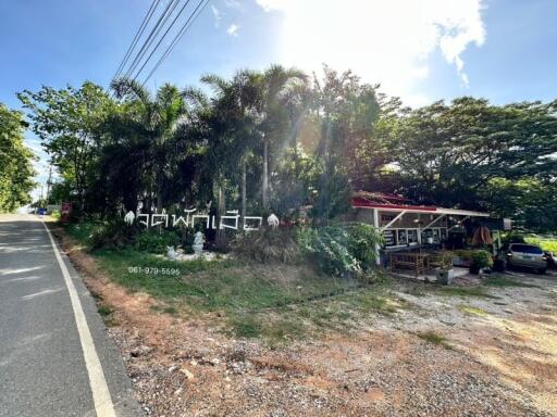 Side view of a small, single-story building surrounded by vegetation with a road on the left side