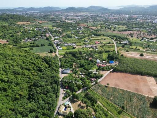 Aerial view of a rural area with houses and vegetation