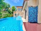 Private swimming pool next to a house