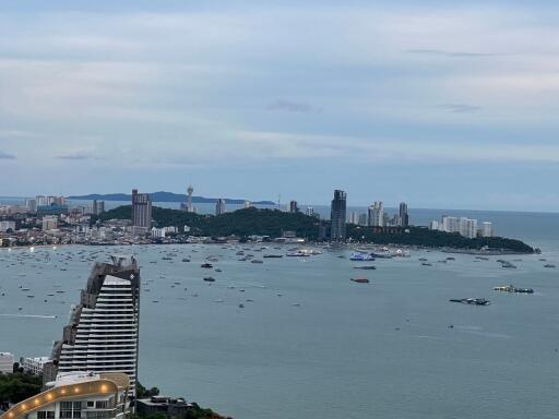 Panoramic city view with ocean and numerous boats