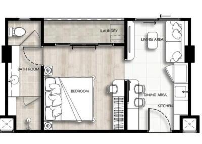 One-bedroom apartment floor plan showing bathroom, bedroom, laundry area, kitchen, dining area, and living area.