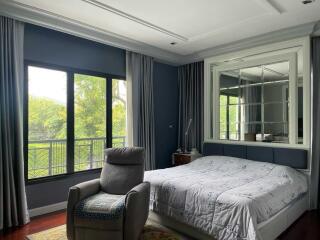 Spacious bedroom with large windows and a comfortable bed