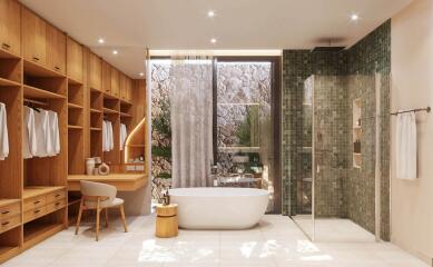 Luxury bathroom with a freestanding tub, walk-in shower, vanity area, and ample storage