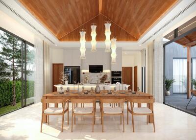 Modern dining room with wooden ceiling and large windows